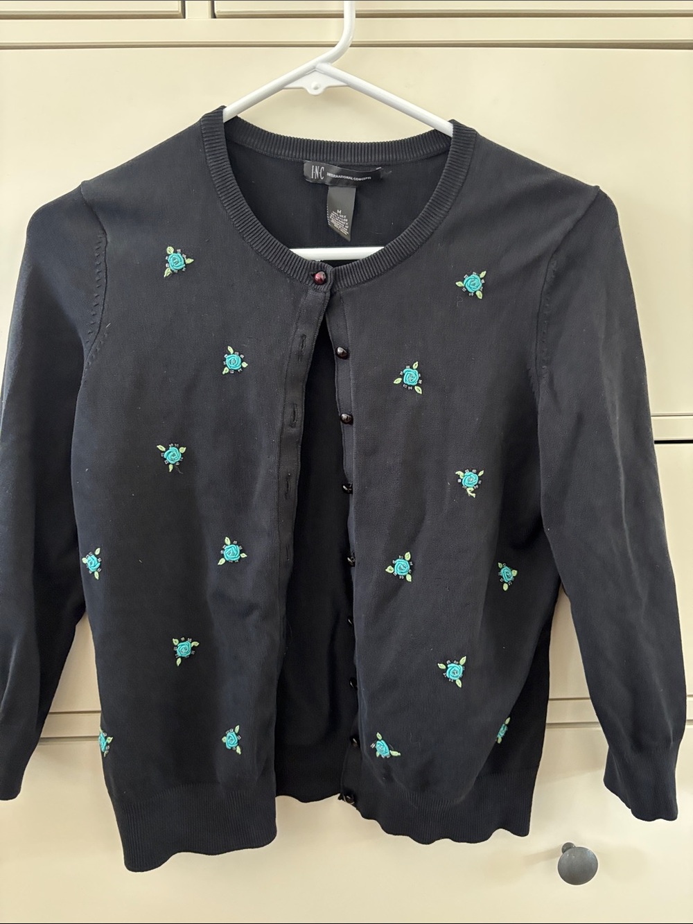 INC International Concepts Black Cardigan with Teal Floral Embroidery
